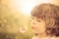 Happy child blowing dandelion Royalty Free Stock Photo