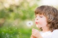 Happy child blowing dandelion