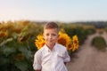 Happy child with bouquet of beautiful sunflowers in summer sunflower field on sunset. Mother day Royalty Free Stock Photo