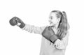 happy child boxer in boxing gloves ready to fight and punch isolated on white, fighter