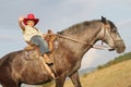 Happy child boy riding horse on nature