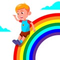 Happy Child Boy Rolling Down The Rainbow Vector. Illustration
