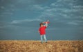 Happy child boy running on meadow with toy airplane in summer in nature. Happy childhood. Summer portrait of happy cute Royalty Free Stock Photo