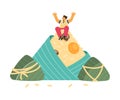 Happy child boy sitting on giant zongzi flat style, vector illustration