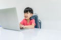 Happy child boy wear headphone and enjoy listening music by laptop computer Royalty Free Stock Photo