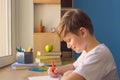 Happy child boy wirting in his copybook, doing homework at home Royalty Free Stock Photo