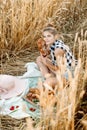 Happy child with bread in yellow autumn wheat field. A field with mature ears.girl sits on a bedspread, fresh fruits and berries, Royalty Free Stock Photo