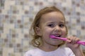 Happy child brushing teeth. Oral hygiene. A small, fair-haired boy brushes his teeth