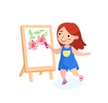 Happy Child Character Painting on Easel. Girl Drawing Flowers on Canvas or Paper. International Kids or Peace Day