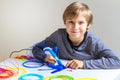 Happy child creating new 3d object with 3d printing pen