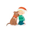 Happy child and dog on Christmas eve. Kid and pet dressed in Santa hat. Child having fun with puppy at home. Cartoon