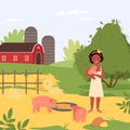 Happy child with domestic pig farm animal, girl hugging cute piggy, feeding pets