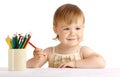 Happy child draw with red crayon Royalty Free Stock Photo