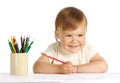 Happy child draw with red crayon Royalty Free Stock Photo