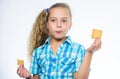 Happy child eating cookies. little chef tasting cookie. happy childhood. Dessert and pastry. little girl with cookie Royalty Free Stock Photo