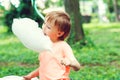 Happy child eating cotton candy. Cute little boy outdoors. Happy childhood Royalty Free Stock Photo