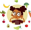 Healthy Strong Little Girl Eating Healthy Concept Cartoon Illustration