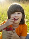 Happy child eating strawberries near a sunny garden with a summer day