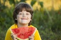 Happy child eating watermelon in garden. Boy with fruit outdoors park Royalty Free Stock Photo