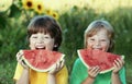 Happy child eating watermelon in garden. Two boys with fruit in park Royalty Free Stock Photo