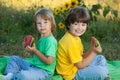 Happy child eating watermelon in garden. Royalty Free Stock Photo