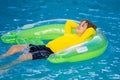 Happy child enjoying summer vacation outdoors in water in the swimming pool. Cute little kid in swimming suit relaxing Royalty Free Stock Photo