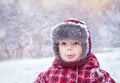 Happy child enjoying winter snowy day. Portrait of three years old cute trendy hipster boy kid in winter wear clothes. Royalty Free Stock Photo