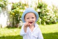 Happy child face. Happy child in summer in nature. Little boy enjoy life and nature. Has happy.