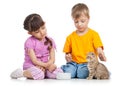 Happy child feeding kitten Royalty Free Stock Photo