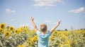 Happy child field Freedom and happiness concept on sunflower outdoor. Kid having fun in green spring field against blue sky Royalty Free Stock Photo