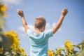 Happy child field Freedom and happiness concept on sunflower outdoor. Kid having fun in green spring field against blue sky Royalty Free Stock Photo