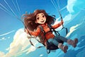 happy child fly with paraglider in blue sky AI generated