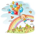 Happy child flying with the balloons