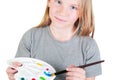 Happy child girl artist with brushes and palette in hands on white background. Painting education concept, art school Royalty Free Stock Photo
