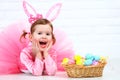 Happy child girl in a costume Easter bunny rabbit with basket of Royalty Free Stock Photo