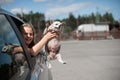 Happy child girl and dog chihuahua looking out the open car window Royalty Free Stock Photo