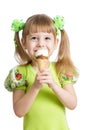 Happy child girl eating ice cream isolated Royalty Free Stock Photo