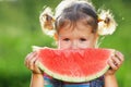 Happy child girl eats watermelon Royalty Free Stock Photo