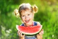 Happy child girl eats watermelon Royalty Free Stock Photo