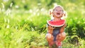Happy child girl eats watermelon Royalty Free Stock Photo