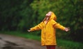 Happy child girl enjoying autumn rain