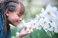 Happy child girl enjoying sweet smell of white narcissus flowers in summer garden