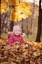 Happy child girl having fun on the autumn walk and sitting in leaves Royalty Free Stock Photo