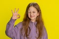 Happy child girl kid showing ok gesture, like sign positive feedback celebrate victory approve idea Royalty Free Stock Photo