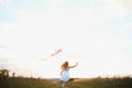 happy child girl with a kite running on meadow in summer in nature Royalty Free Stock Photo