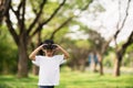 Happy child girl playing with binoculars. explore and adventure concept Royalty Free Stock Photo