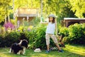 happy child girl playing with her spaniel dog and throwing ball Royalty Free Stock Photo