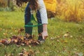 Happy child girl playing little gardener in autumn and picking leaves into basket