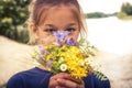 Happy child girl present flower bouquet concept happy childhood Royalty Free Stock Photo