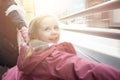 Happy child girl running and having fun outdoors, childhood and people traveling concept